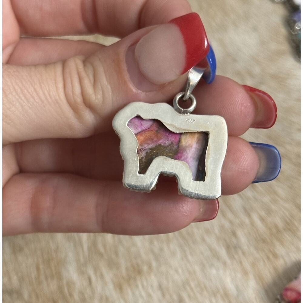 Native American SW Sterling Silver Pink Dahlia Turquoise Cow Steer Bull Pendant - Picture 5 of 7